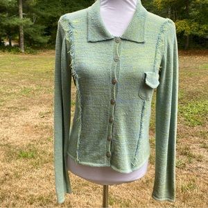 BALL OF COTTON SWEATER CARDIGAN BLUE GREEN BUTTON FRONT COLLAR LONG SLEEVE 1 S